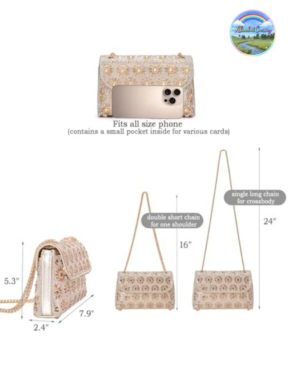 Rhinestone Evening Bag Clutch Purse with Chain Shoulder Bag